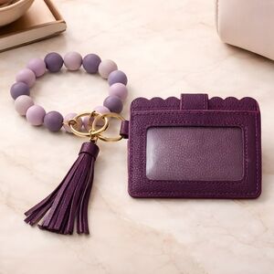 Scalloped Purple Card & Key Holder Wristlet with Tassel In Deep Purple